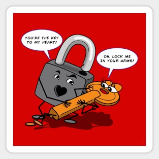 Funny Cheesy Romantic Valentine Couple Lock And Key Cartoon Magnet